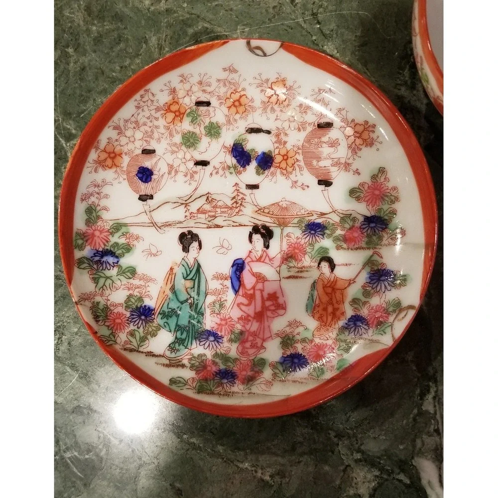 Antique Japanese Kutani Geisha Girl Hand Painted Cup & Saucer Set of 2